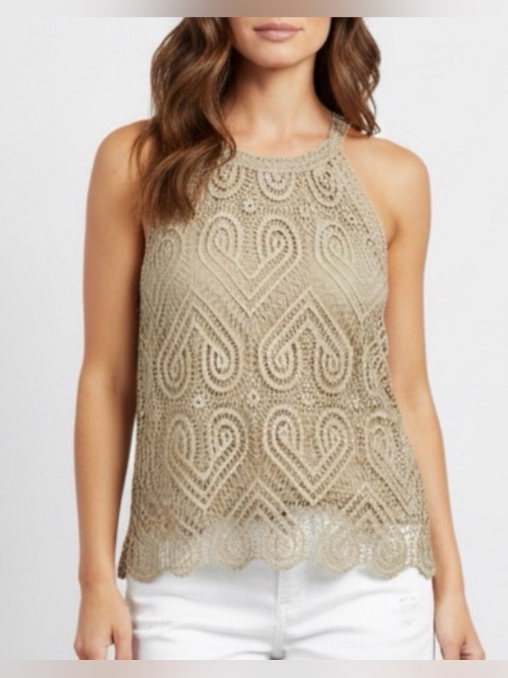 Sleeveless Lace Halter Tank Top in beige size medium